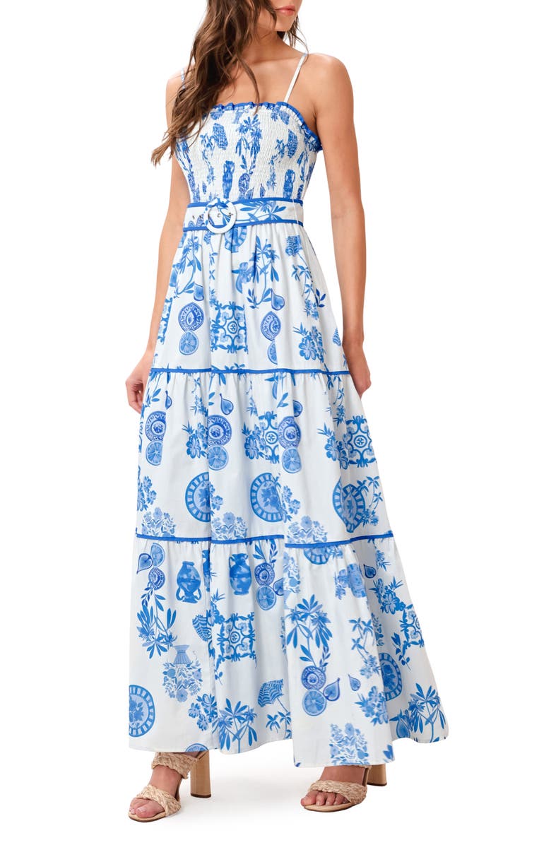 FLYING TOMATO Mixed Print Tiered Cotton Maxi Dress, Alternate, color, Ivory Blue