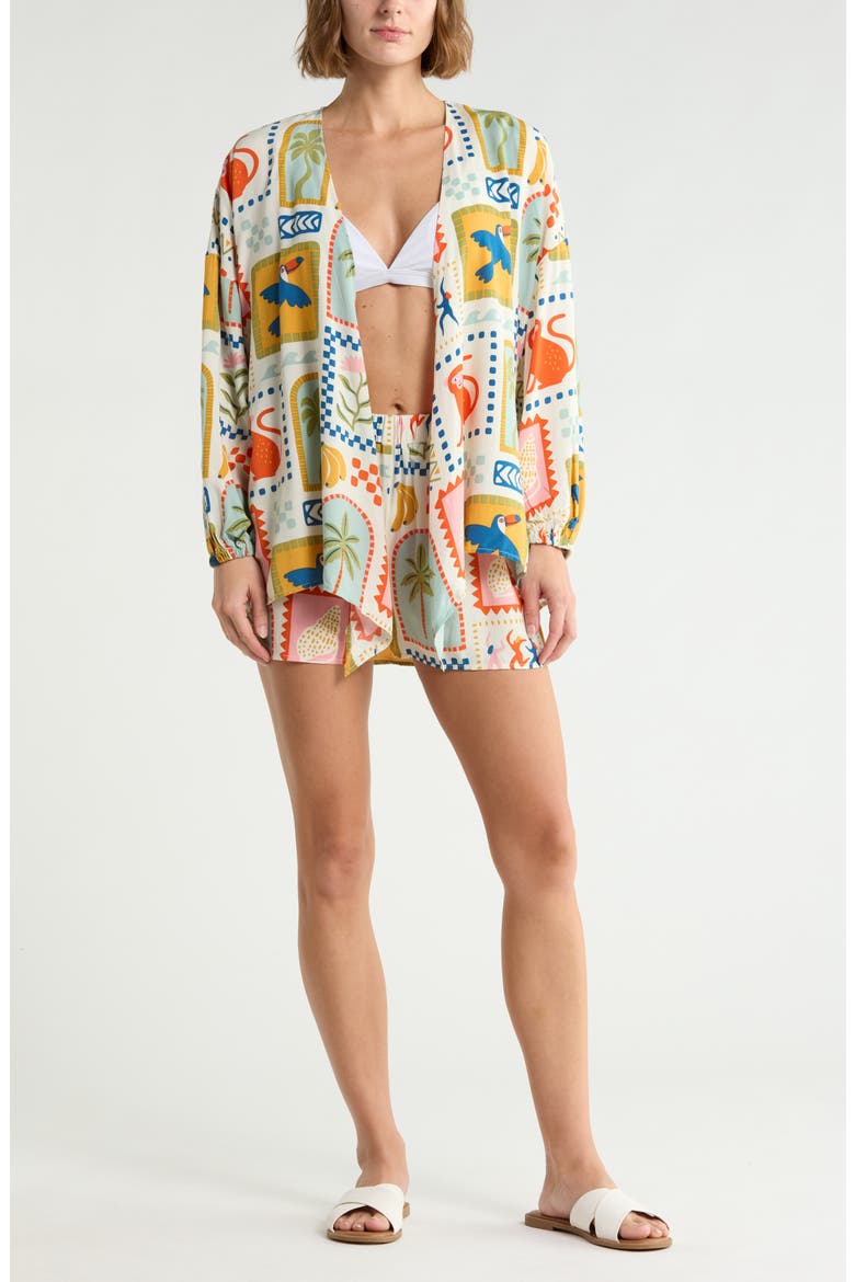 Flowy Beach Cover-Up Cardigan & Shorts Set, Main, color, IVORY ANIMAL MULTI TILE