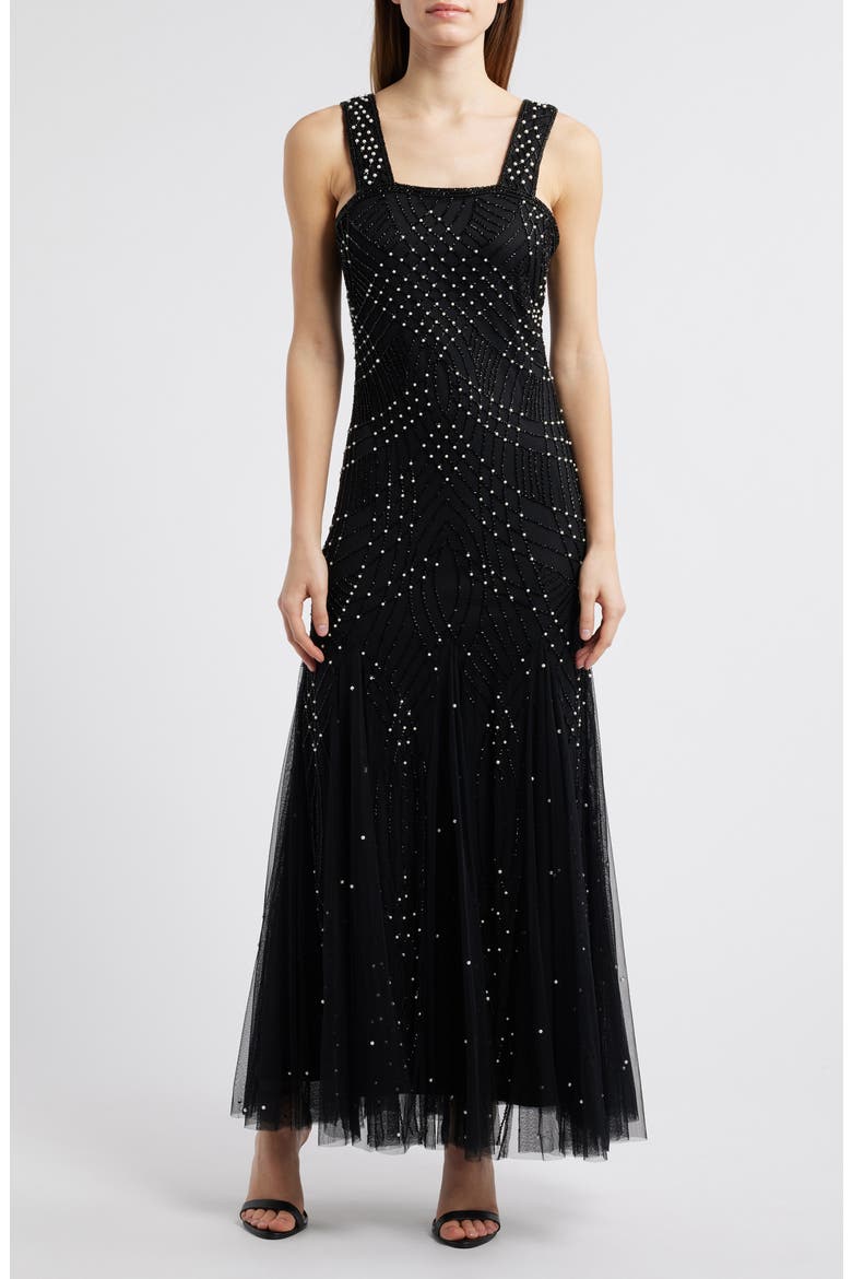 Two-Tone Beadwork Trumpet Gown with Sheer Bolero, Main, color, BLACK 001