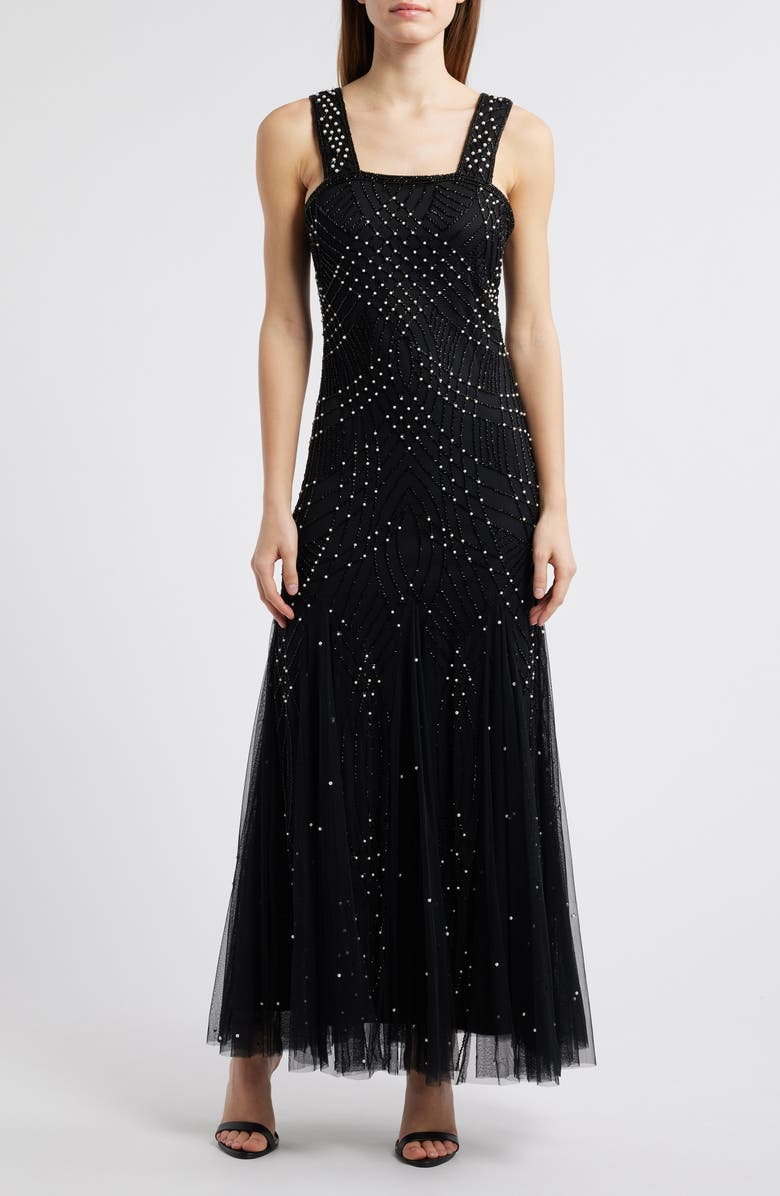 Pisarro Nights Two-Tone Beadwork Trumpet Gown with Sheer Bolero, Main, color, Black 001