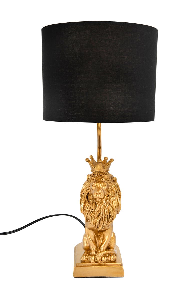 Storied Home Resin Lion Table Lamp with Black Linen Shade, Gold Finish, Main, color, Gold