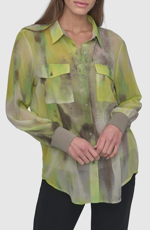 Dkny Abstract Print Chiffon Button-up Shirt In Watercolr