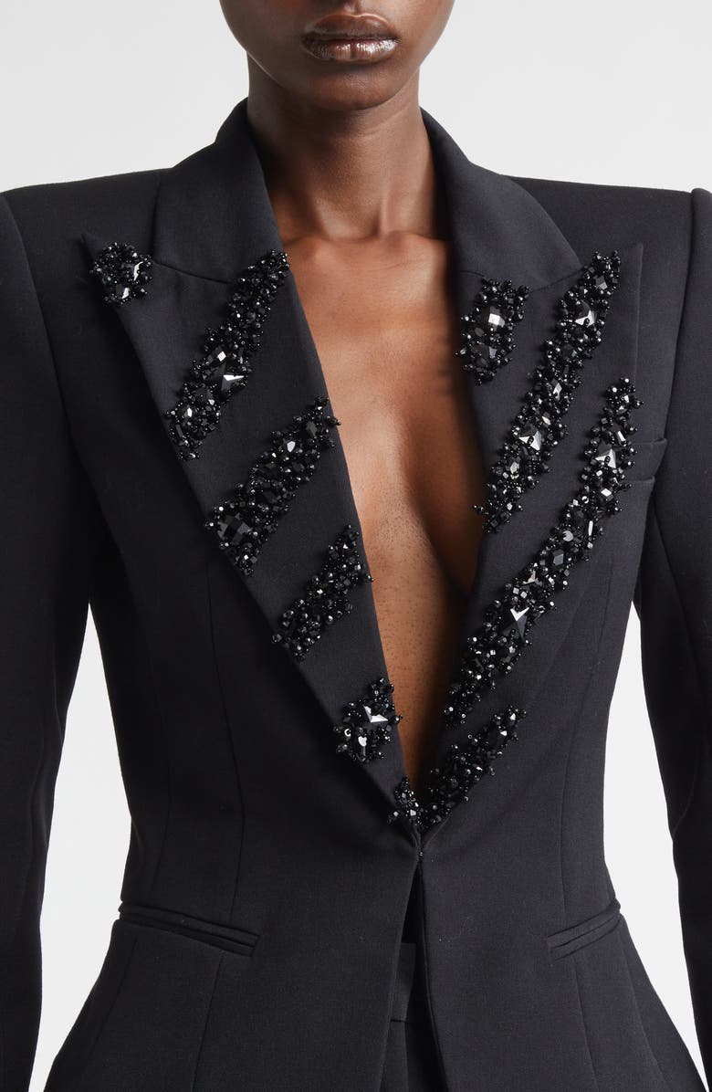 Balmain Crystal Zebra Stripe Wool Grain de Poudre Jacket, Alternate, color, Black/ Black