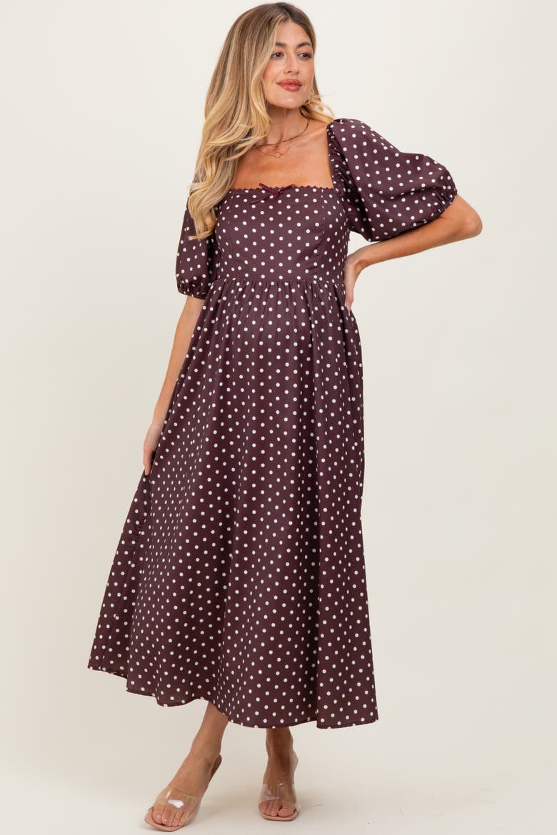Polka Dot Square Neck Midi Dress, Alternate, color, Brown