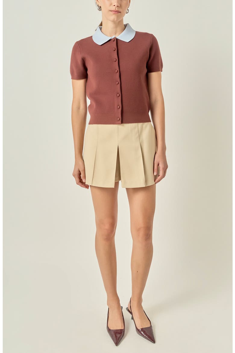 Contrast Collar Knit Cardigan, Alternate, color, BROWN/ BLUE