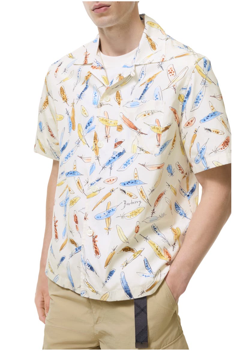 Relaxed Fit Feather Print Cotton Shirt, Main, color, Ink blue