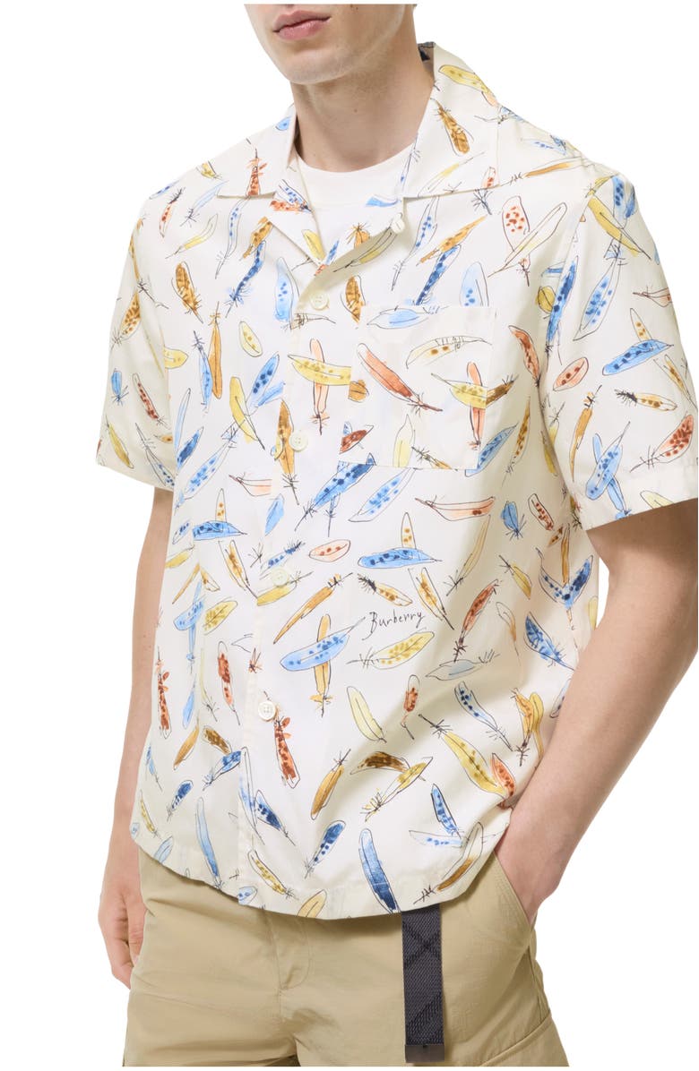 Burberry Relaxed Fit Feather Print Cotton Shirt, Main, color, Ink Blue