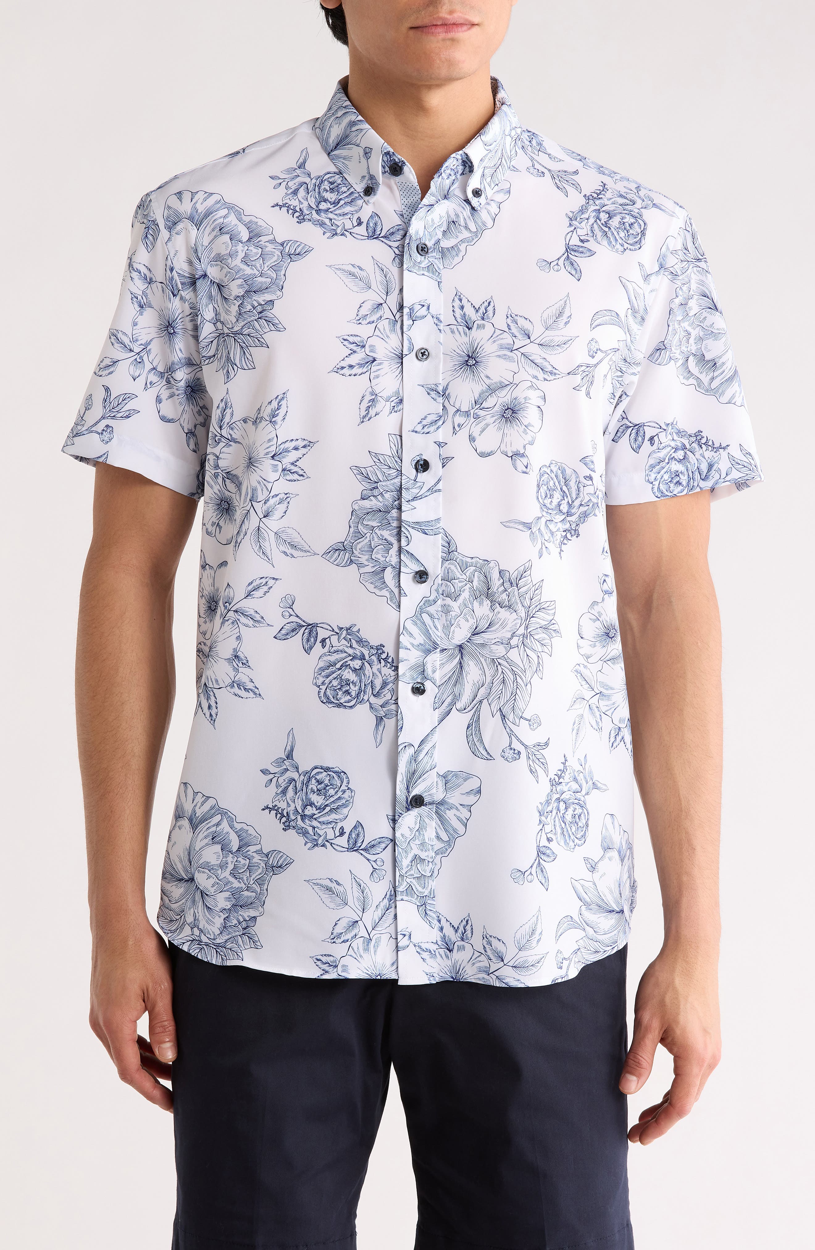 CONSTRUCT Slim Fit Large Floral Print Short Sleeve Button-Down Shirt