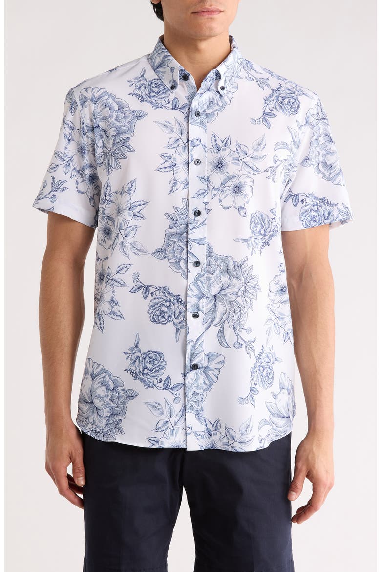 Slim Fit Large Floral Print Short Sleeve Button-Down Shirt, Main, color, WHITE/ NAVY