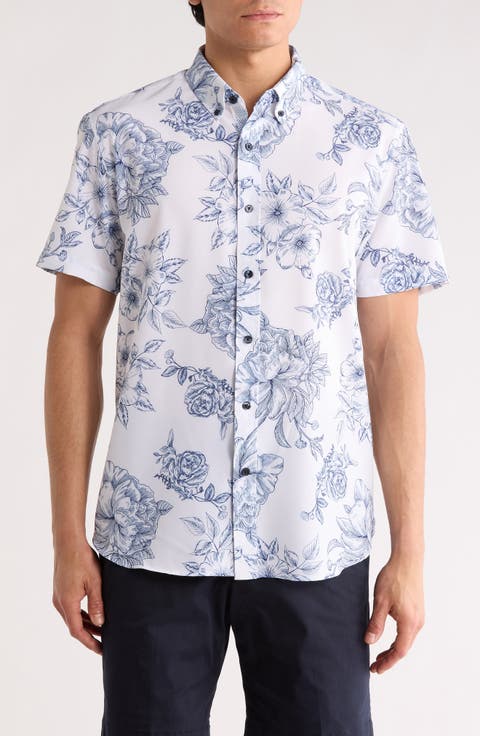 Slim Fit Large Floral Print Short Sleeve Button-Down Shirt