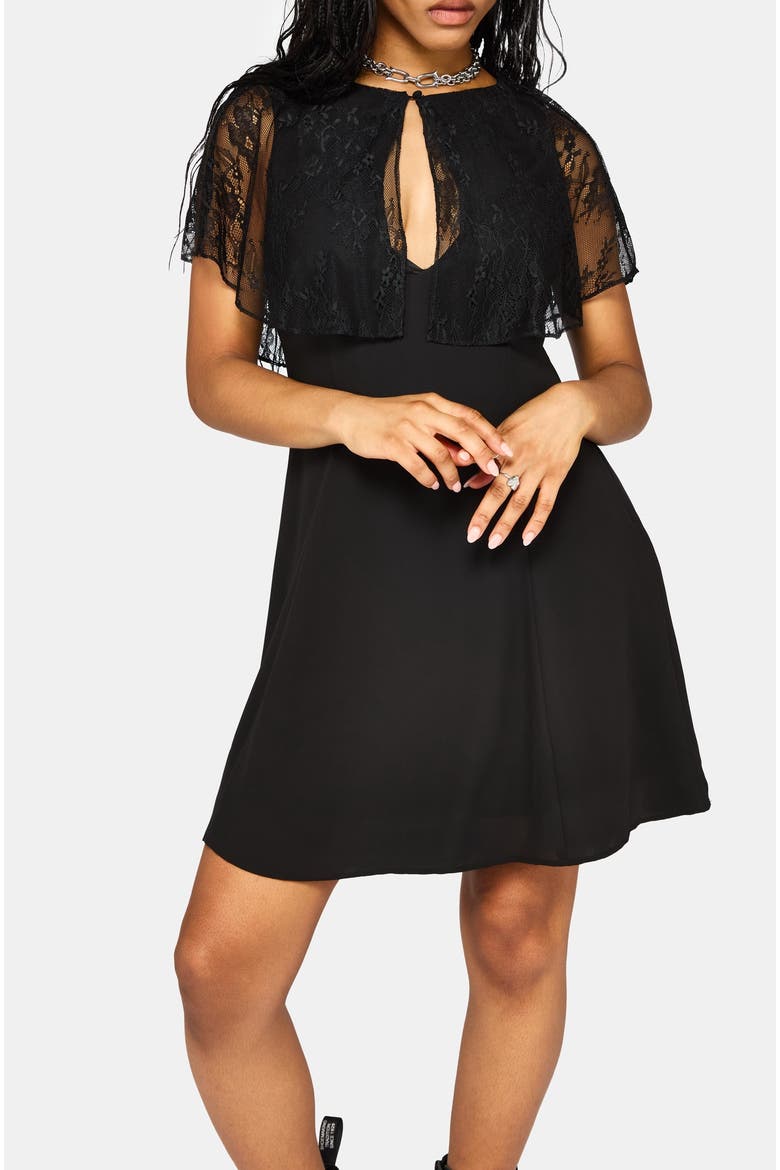 Yasmine Lace Cape Keyhole Mini Dress, Main, color, Black