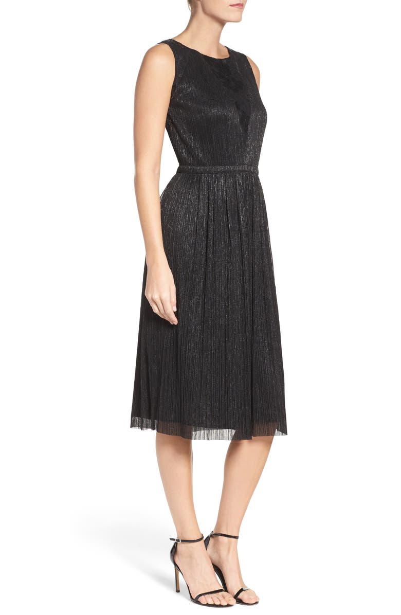 Tahari Metallic Pleated Midi Dress, Alternate, color,