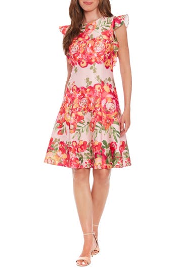 LONDON TIMES LONDON TIMES FLORAL RUFFLE CAP SLEEVE FIT & FLARE DRESS