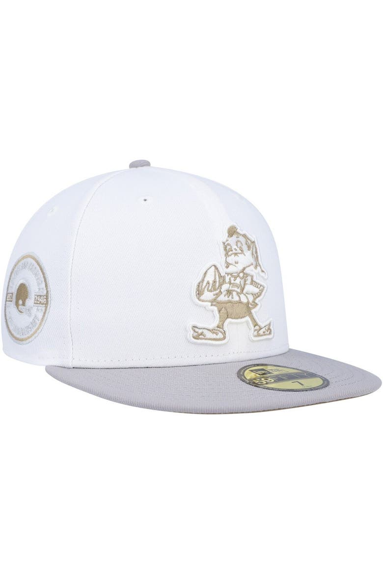 Men's New Era White/Gray Cleveland Browns 75th Anniversary Gold Undervisor 59FIFTY Fitted Hat, Alternate, color, White