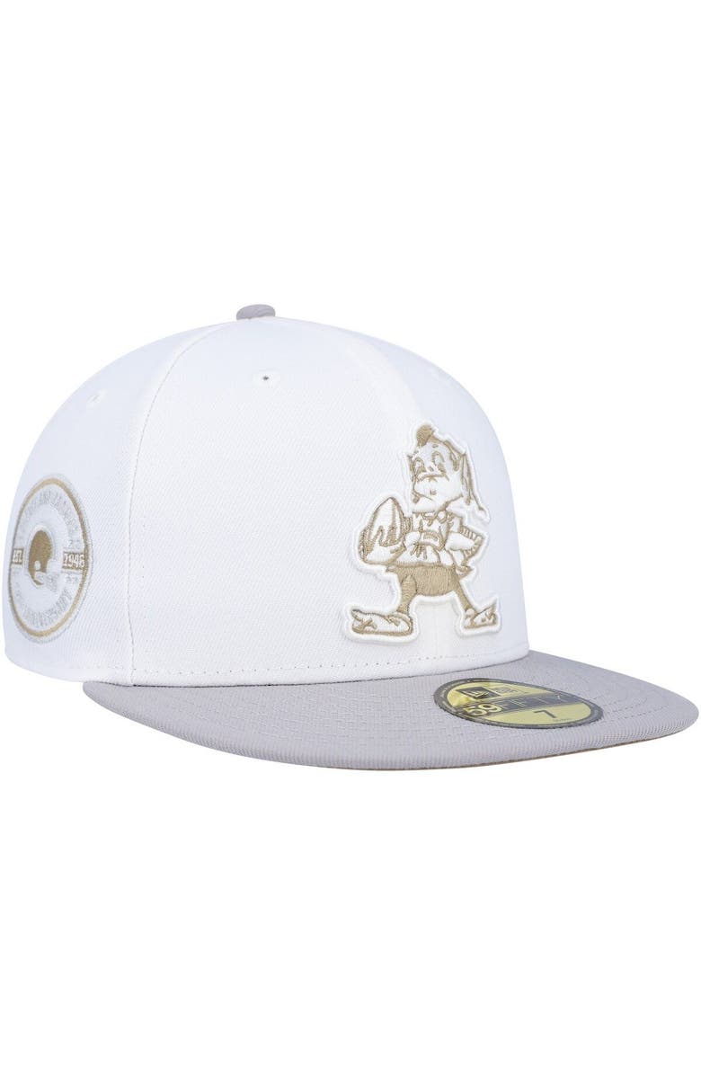 New Era Men's New Era White/Gray Cleveland Browns 75th Anniversary Gold Undervisor 59FIFTY Fitted Hat, Alternate, color,