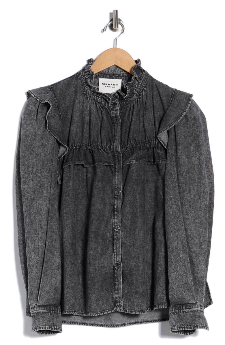 Isabel Marant Étoile Idety Ruffle Denim Button-Up Shirt, Alternate, color, Dark Grey