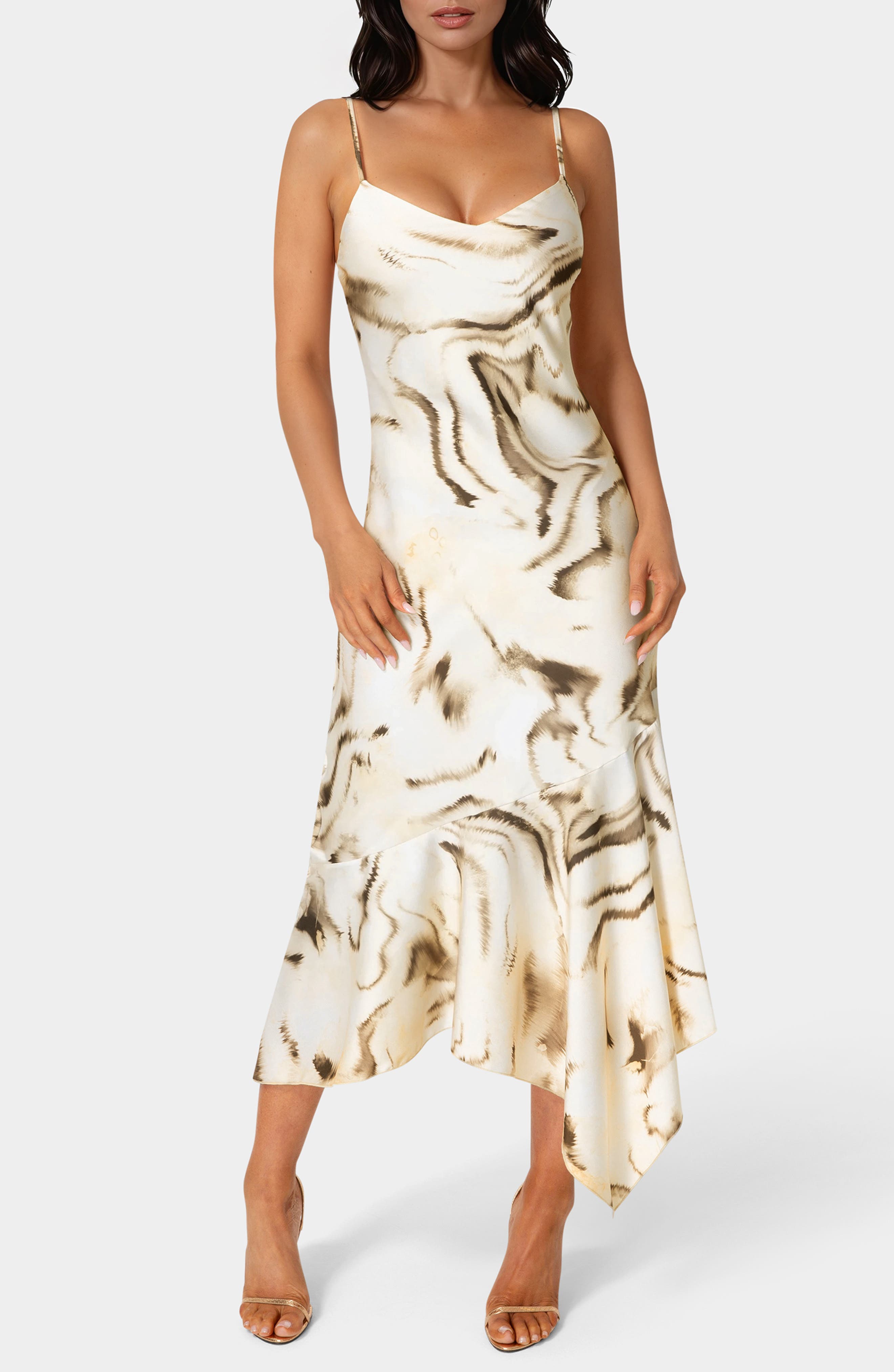 bebe Print Satin Handkerchief Midi Dress