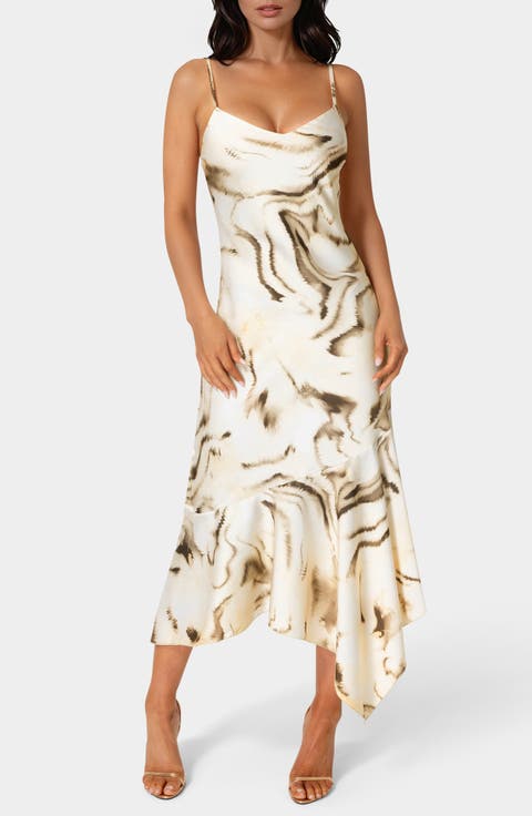 Print Satin Handkerchief Midi Dress