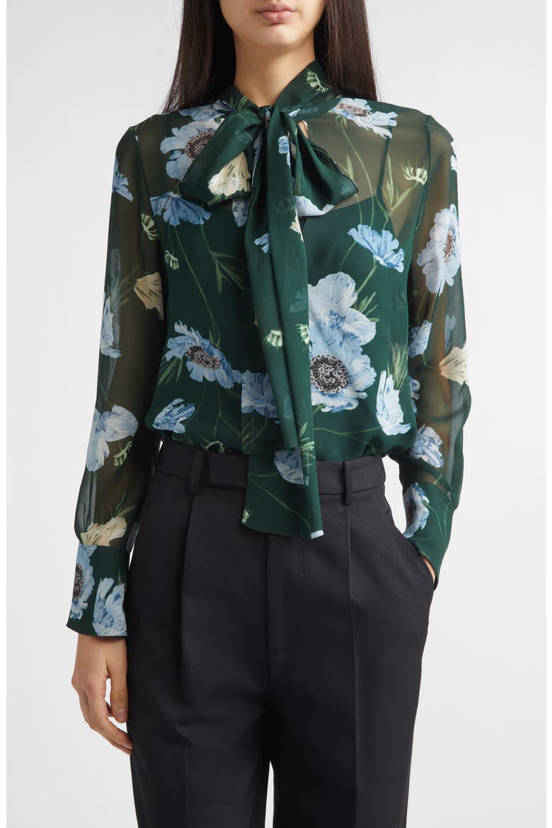 Floral Print Silk Voile Top, Main, color, BELLE EPOQUE POPPY DARK GREEN