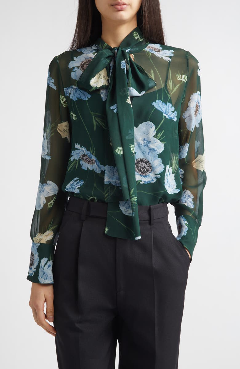 Erdem Floral Print Silk Voile Top, Main, color, Belle Epoque Poppy Dark Green