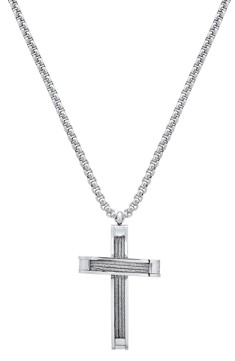 HMY JEWELRY Rope Cross Pendant Necklace, Main, color, Silver