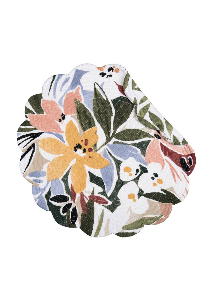 Joelle Palm Leaves & Flowers 100% Cotton Round Set of 6 Placemats 17", Alternate, color, Green