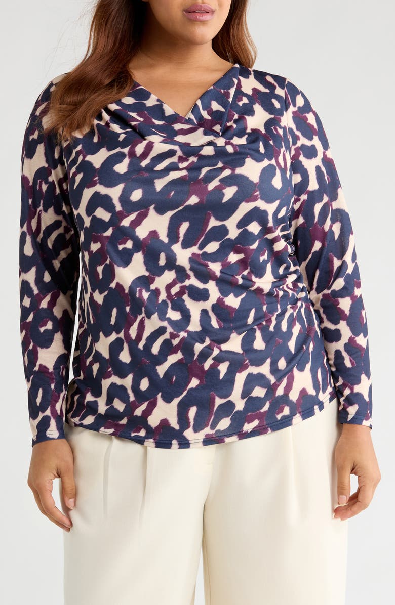 Tahari ASL Cowl Neck Top, Main, color, Navy/ Plum Leopard