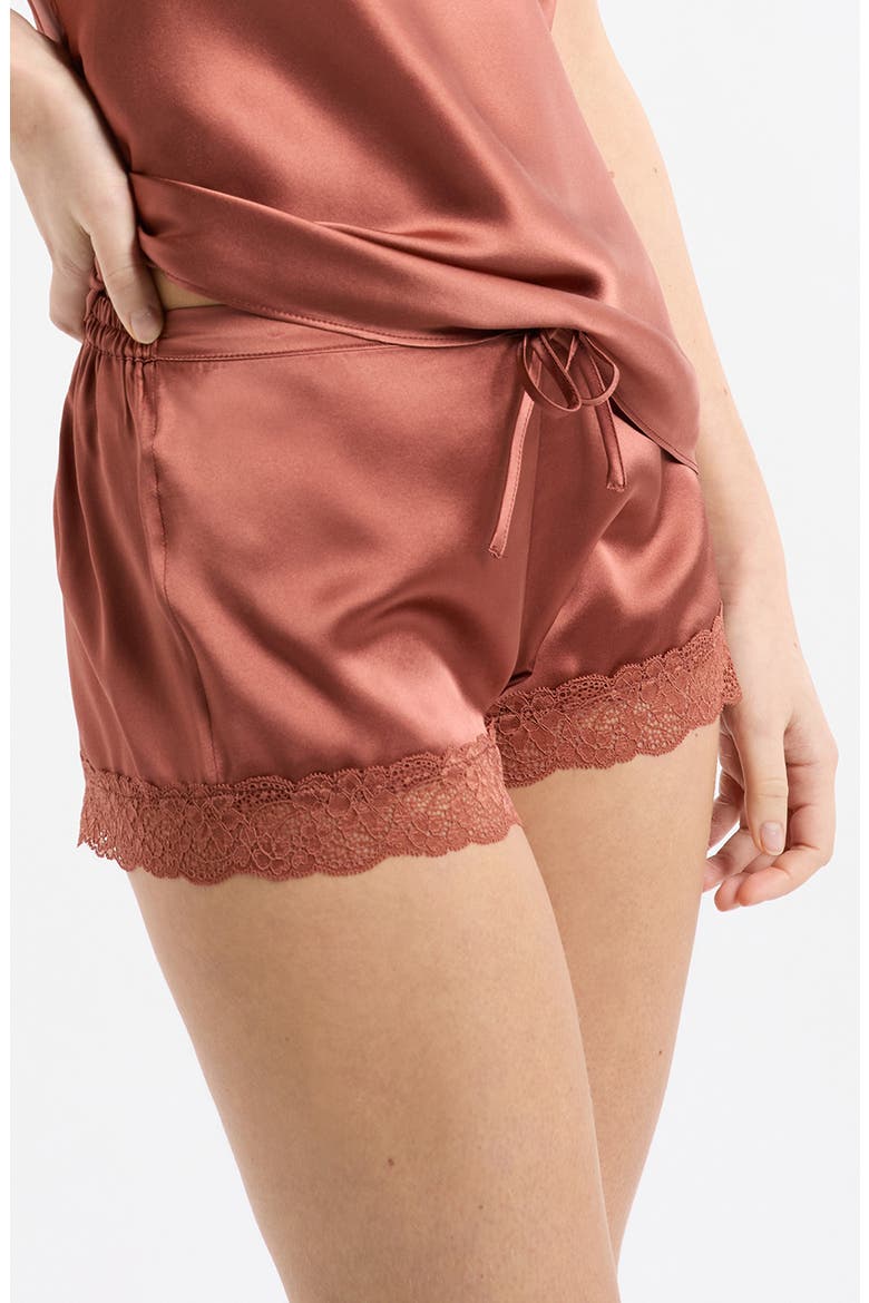 Milky Lace Trim Washable Silk Satin Pajama Shorts, Alternate, color, DUNE