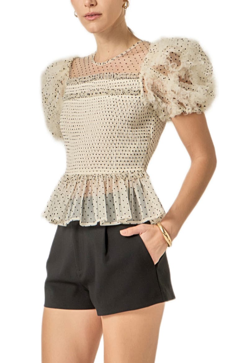 Dot Puff Sleeve Peplum Top, Alternate, color, WHITE/ BLACK