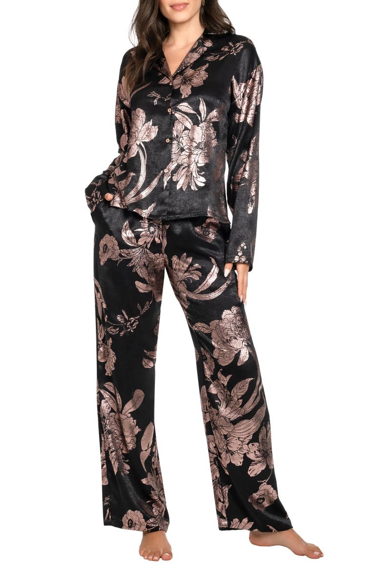 Print Satin Pajamas, Main, color, BLACK