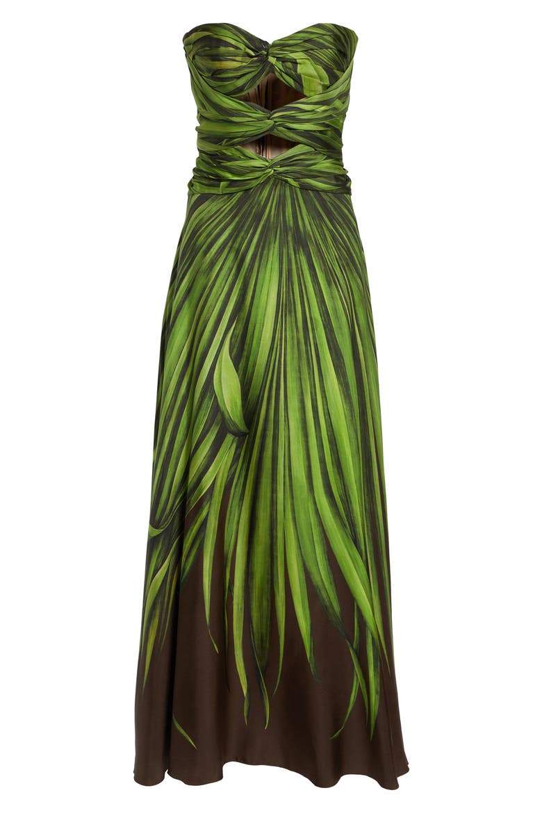 Palm Leaves Print Strapless Cutout Silk Gown, Alternate, color, GREEN/ BROWN