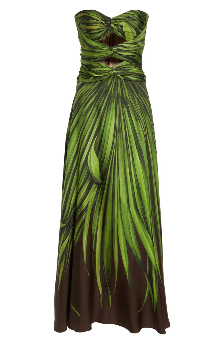 Oscar de la Renta Palm Leaves Print Strapless Cutout Silk Gown, Main, color, Green/ Brown