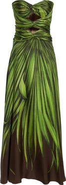 Oscar de la Renta Palm Leaves Print Strapless Cutout Silk Gown