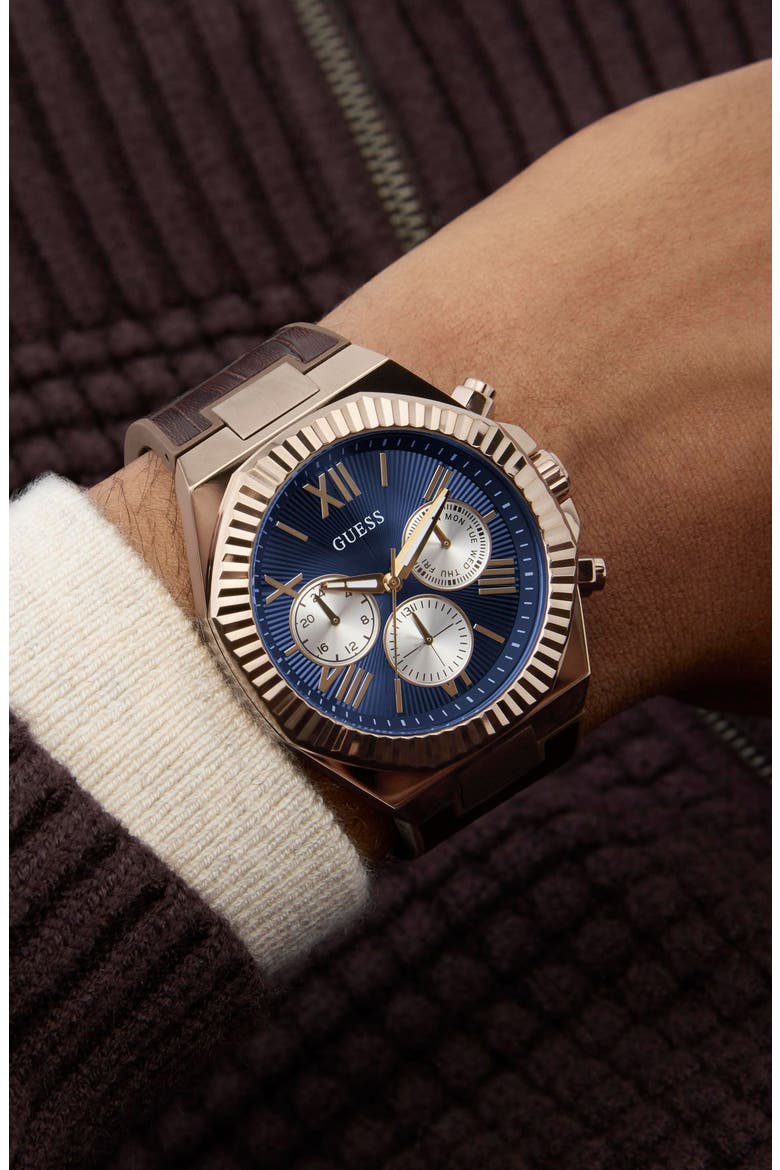 Coffee Chronograph Leather & Silicone Strap Watch, 44mm, Alternate, color, BROWN