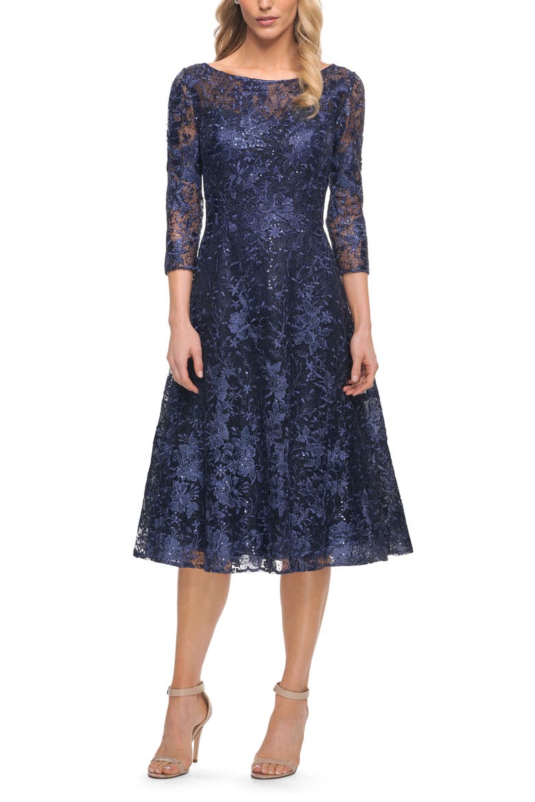 Beautiful Lace Tea Length Gown with Three-Quarter Sleeves, Main, color, Navy