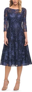 La Femme Beautiful Lace Tea Length Gown with Three-Quarter Sleeves