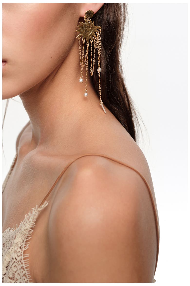 Sun Earrings With Brushed Chains, Alternate, color, GOLD