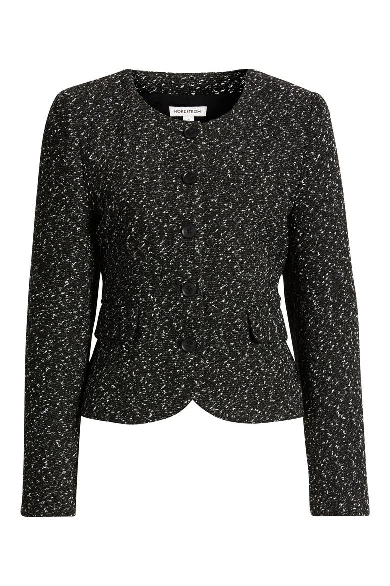 Textured Curved Hem Collarless Jacket, Main, color, BLACK- IVORY TEXTURE