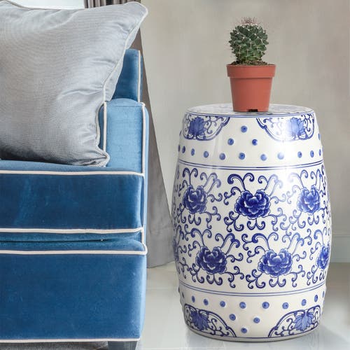Jonathan Y Lotus Flower 17.8" Chinoiserie Ceramic Drum Garden Stool In Blue/white