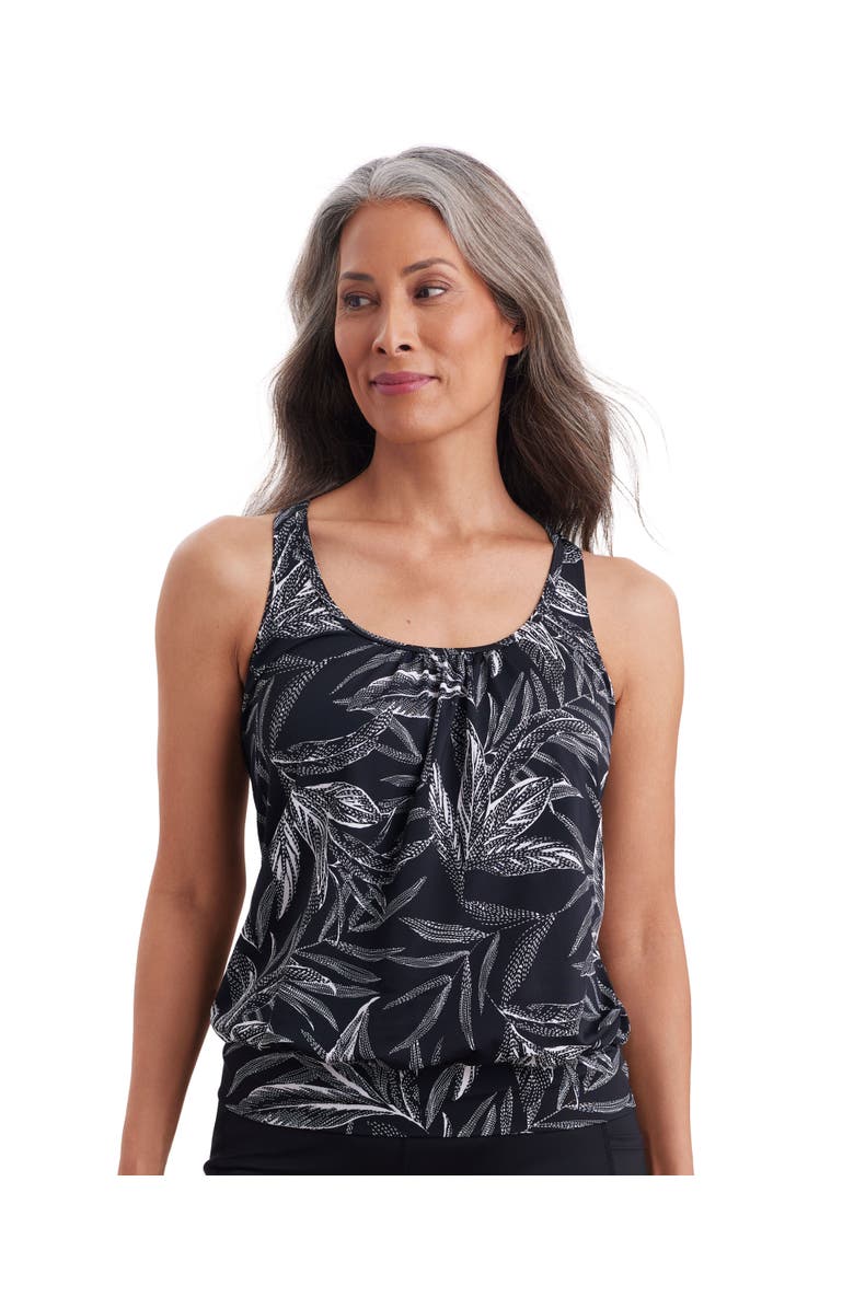 ShapeSolver Shirred Neck Blouson Mastectomy Tankini Swimsuit Top, Main, color, Leaf Encounter