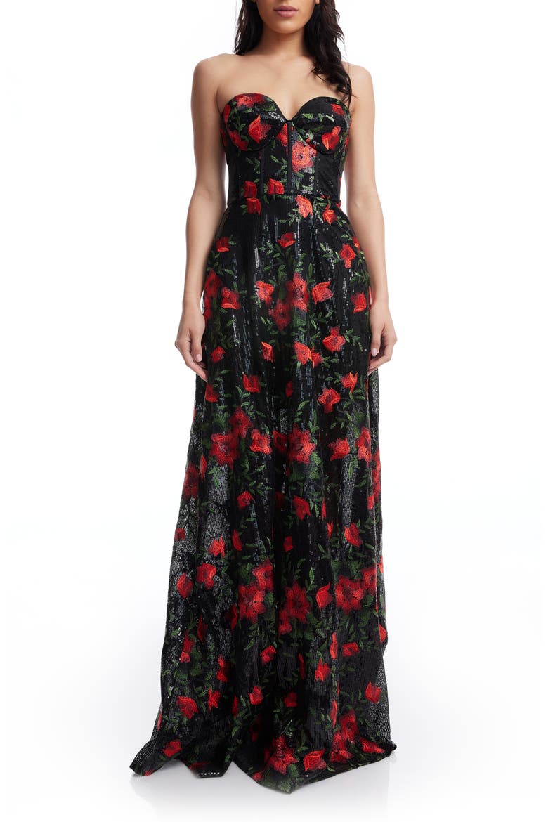 Daven Floral Print Sequin Strapless Gown, Main, color, ROUGE MULTI