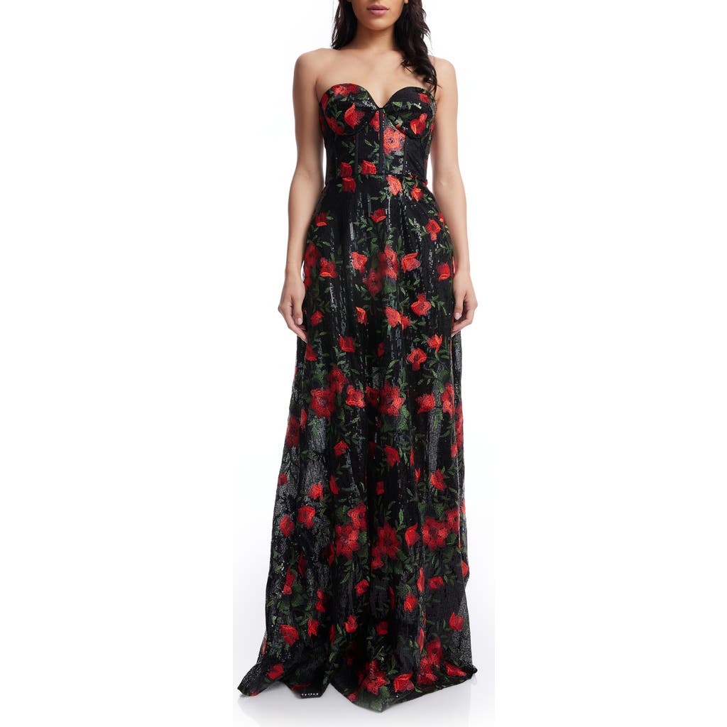 Shop Dress The Population Daven Floral Print Sequin Strapless Gown In Rouge Multi