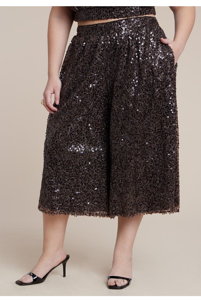 Sequin Pull On Wide Leg Culotte, Alternate, color, DARK BROWN