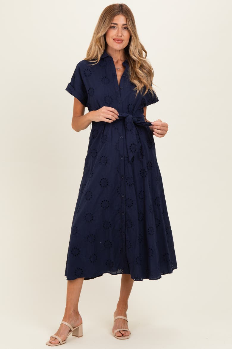 Eyelet Lace Waist Tie Shirt Dress, Main, color, Navy Blue