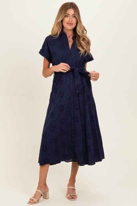 Eyelet Lace Waist Tie Shirt Dress