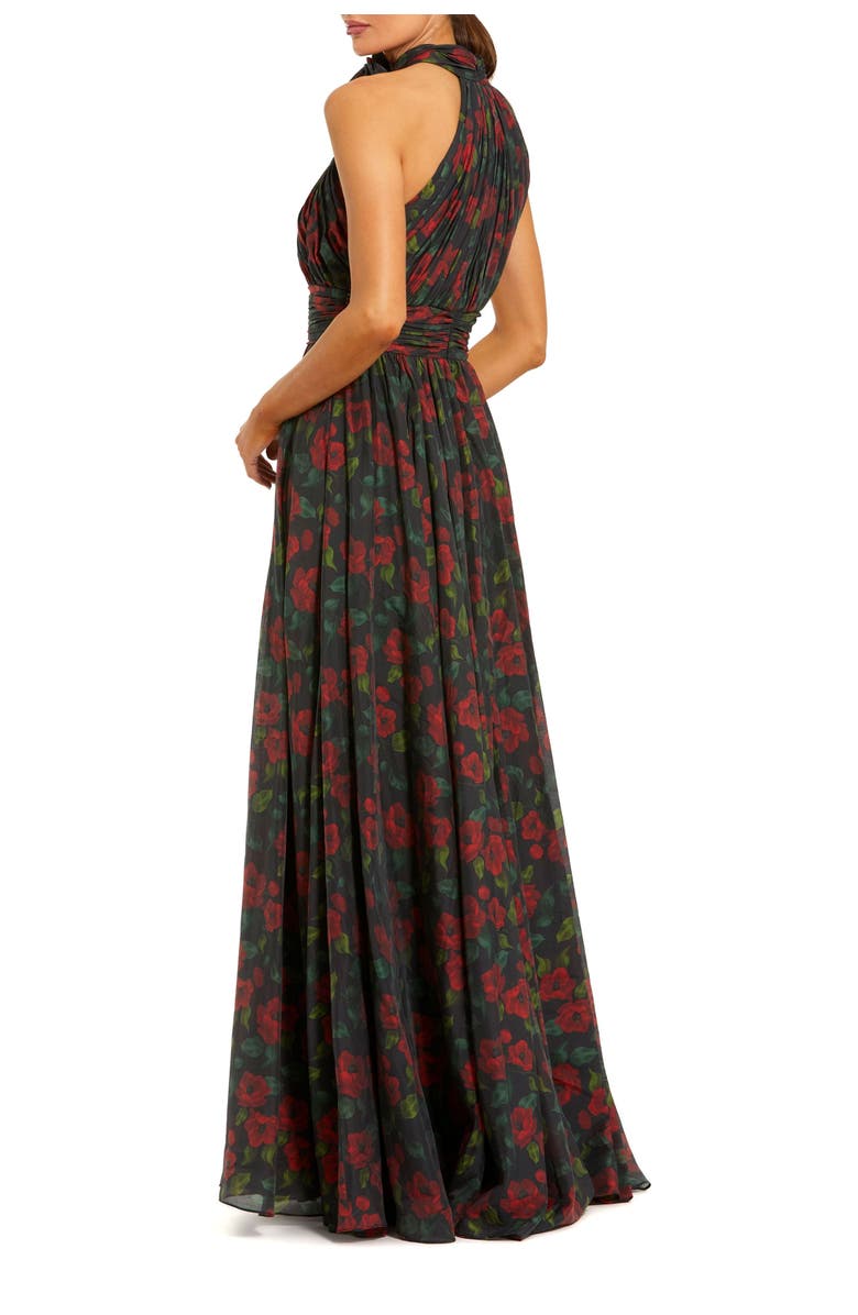 Mac Duggal Women's Floral Chiffon 3D Flower Halter Neck Gown, Alternate, color, Black Multi