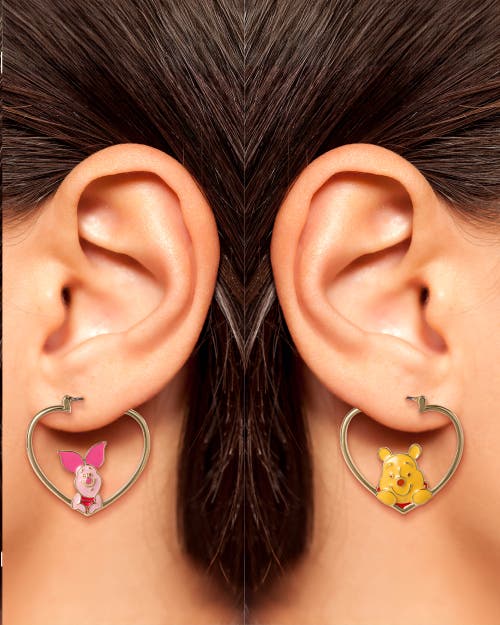 Disney Winnie The Pooh And Piglet Mismatched Heart Hoop Earrings In Gold