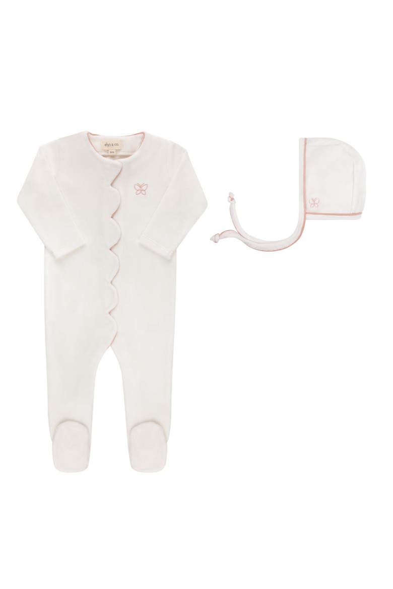 Velour Embroidered Bird & Butterfly Collection - Footie + Bonnet, Main, color, Ivory/Pink
