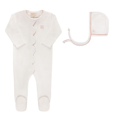 Velour Embroidered Bird & Butterfly Collection - Footie + Bonnet