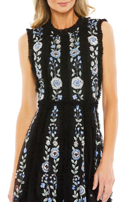 Mac Duggal Embroidered Sleeveless Ruffled Cocktail Dress In Black